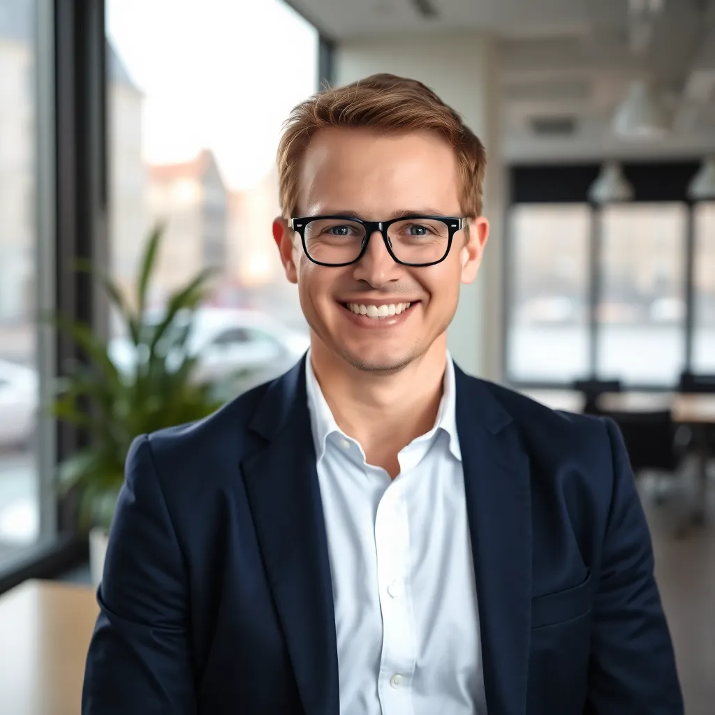 Nederlandse ondernemer reflecteert over bedrijfsstrategie in modern kantoor