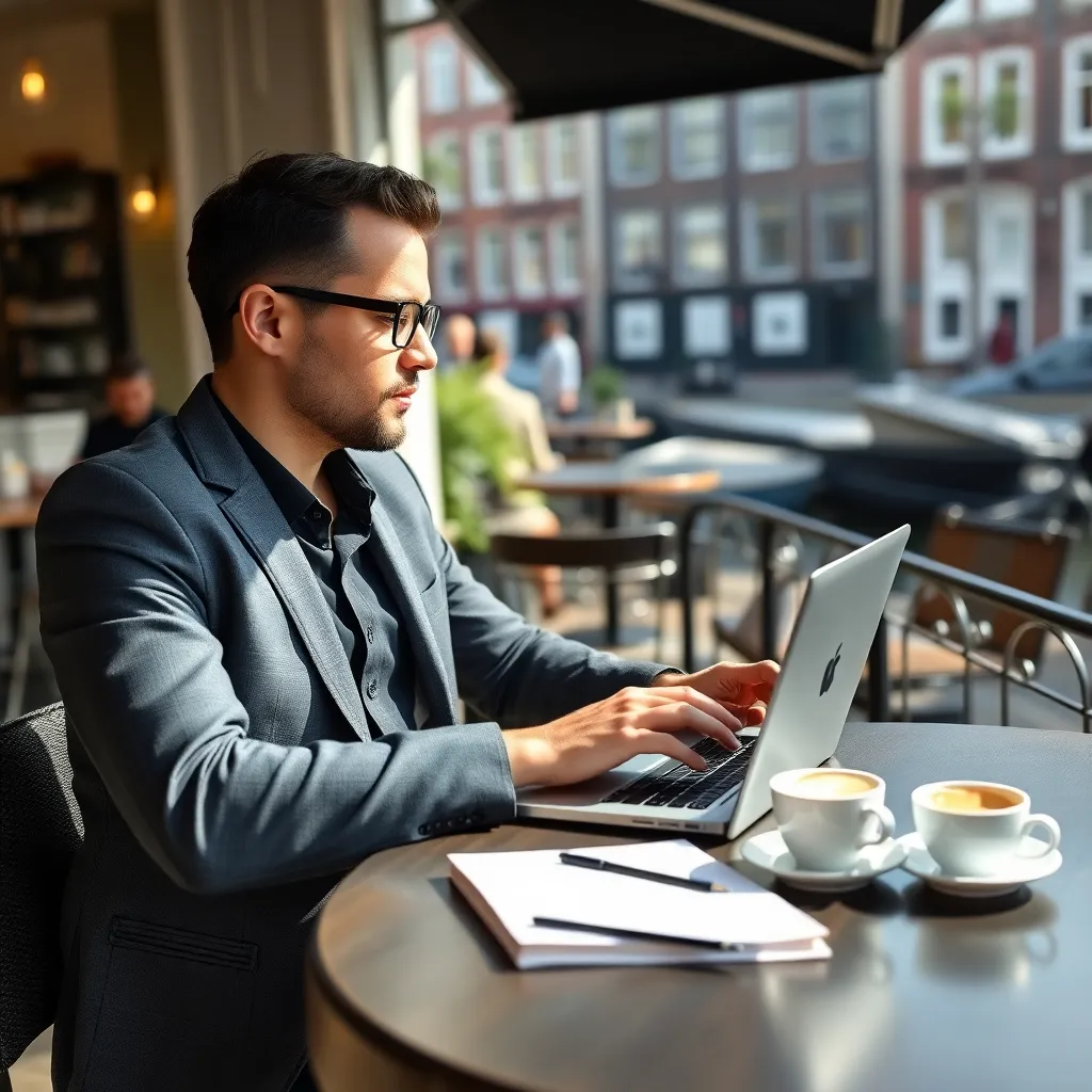 Nederlandse ondernemer die werkt op een laptop in een café aan een gracht