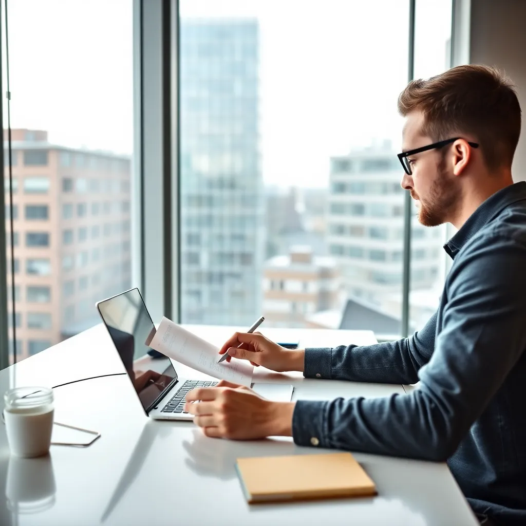 Jonge ondernemer werkt aan een businessplan in een modern kantoor